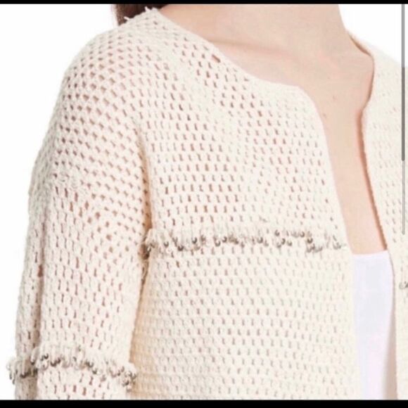 JOIE SEQUIN FRINGE CROCHET COTTON CARDIGAN SWEATER - Picture 2 of 7
